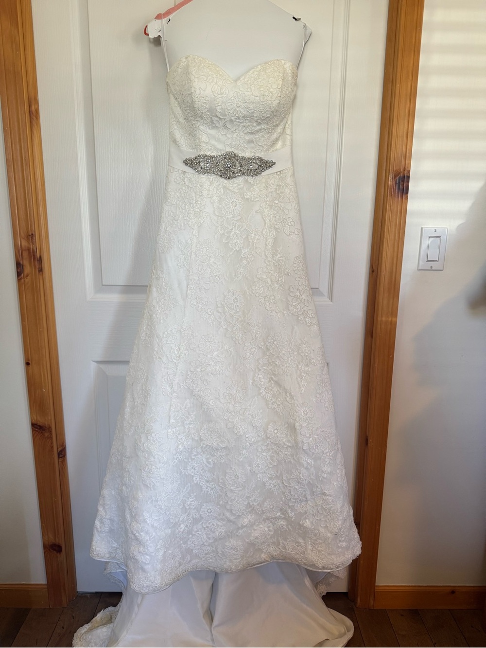 Strapless Lace A-Line Wedding Dress with Beaded Waist - White
